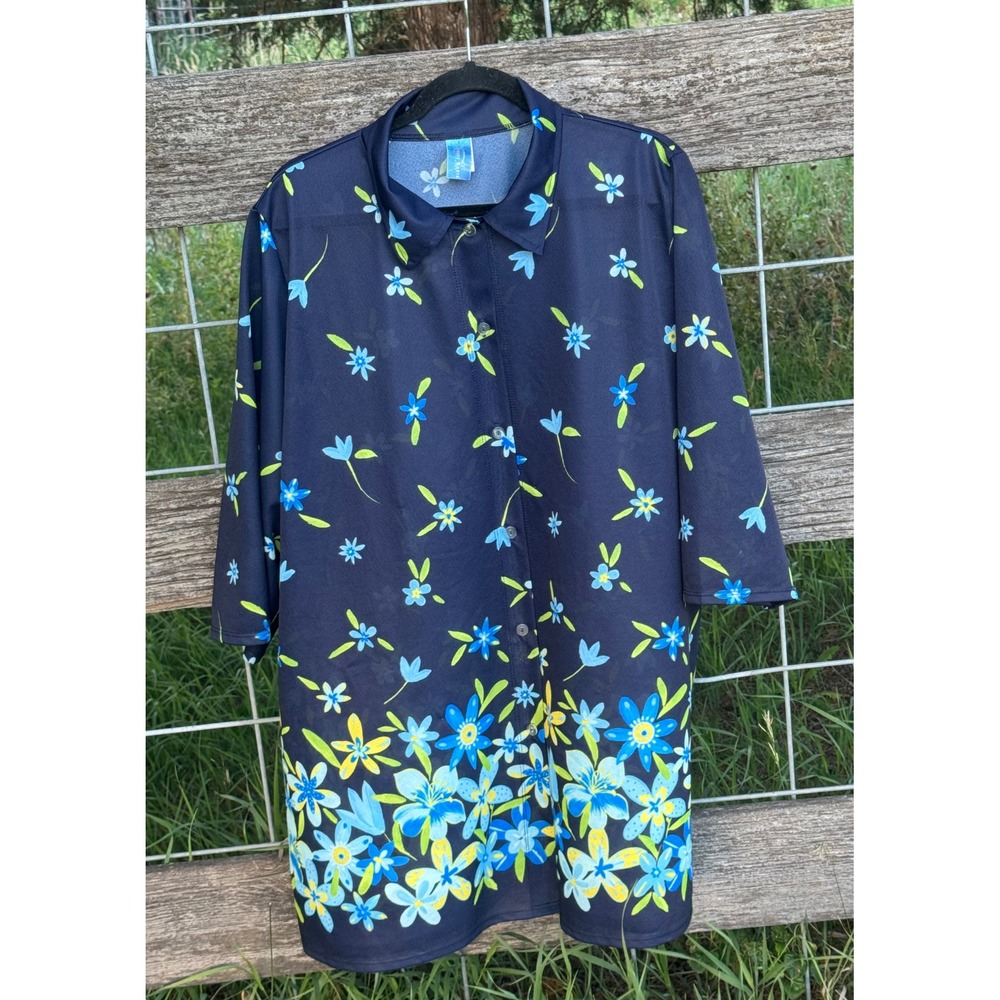Figure Magic 1X Navy Blue Floral Button Front Tunic Top Plus Size USA
